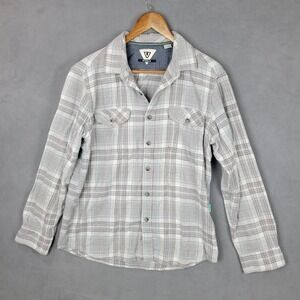 Vissla Central‎ Coast Flannel Shirt Mens Medium Gray Plaid Cotton Logo Pleated
